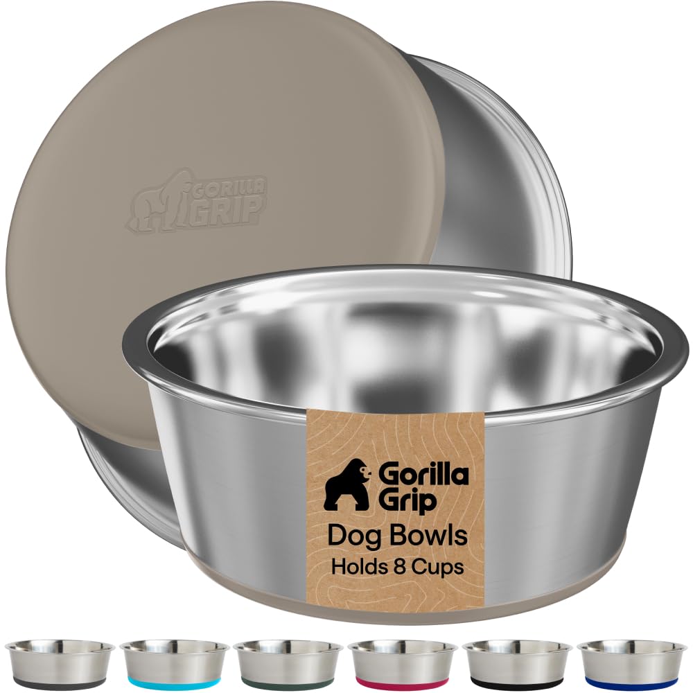 GORILLA GRIP Dog Bowls, Food Grade Stainless Steel, Set of 2, 8 Cup, Beige