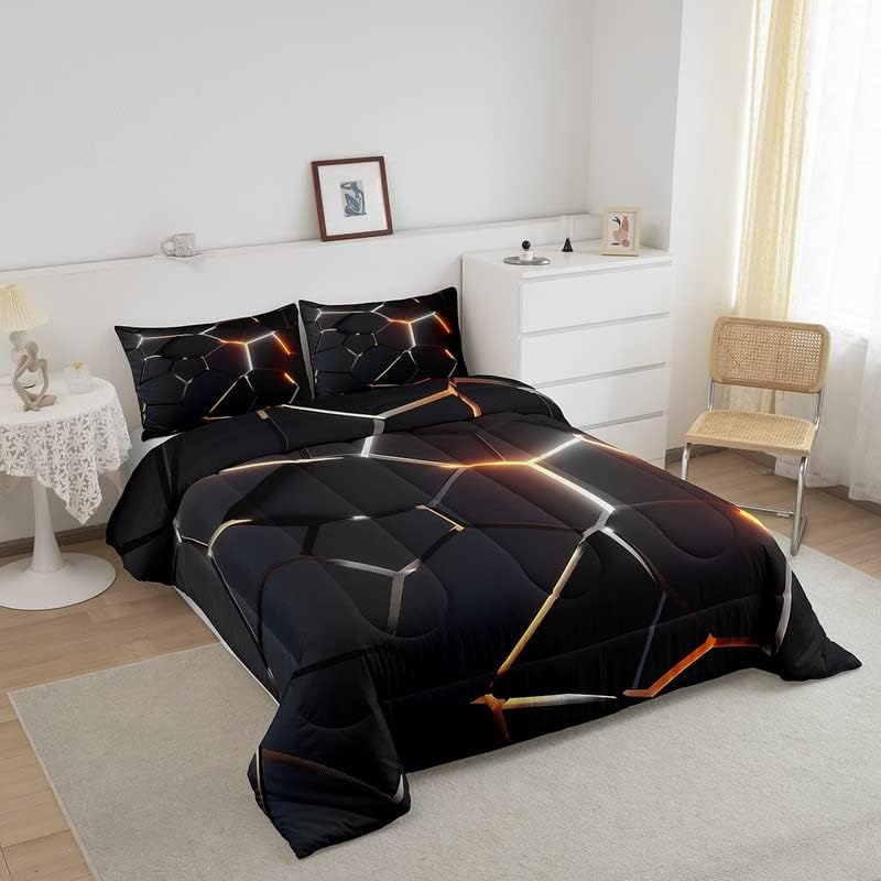 Miniatura 2 de Juego de ropa de cama de panal hexagonal negro y naranja para niños y niñas, edredón geométrico de colmena, decoración suave, juego de edredón