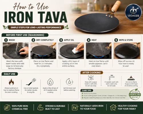 Image of IRONIZE Pure Iron Roti Tawa with Wooden Handle | Heavy Duty Chemical-Free Iron Cookware | Even Heat Distribution | Ideal for Roti, Chapati, Paratha, Dosa & Omelette | Available in 1kg to 2kg (1.35 kg)