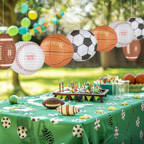 Image of UNIQOOO 8Pcs Sports Paper Lanterns Football Party Decoration Set, Large 12 Inch, Soccer Ball American Football, Baseball Basketball Japanese Hanging Lanterns, Reusable Game Day Kids Birthday Favors