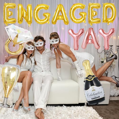 Image of Gold Engagement Party Decorations, Engaged Yay Balloons Letters Banner, Diamond Ring Black Champagne Bottle Balloon Glass Foil Balloon for Bachelorette Engagement Wedding Bridal Shower Party Supplies