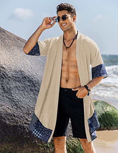 Coofandy Men's Cotton Ruffle Shawl Collar Cardigan Long Kimono Jackets Open Front Drape Cape Coat (Khaki&, X-Large) #TOP1