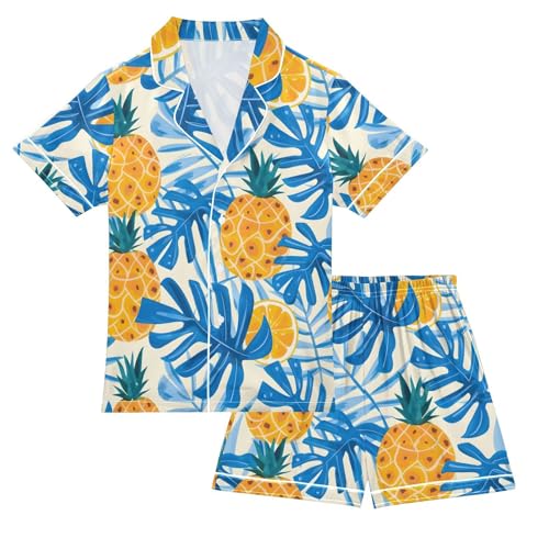 ALAZA Blue Palm Leaf Pineapple Pajamas Satin Pajama Set Short Sleeve Button Down Sleepwear