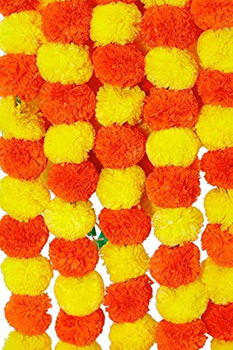 eSplanade Artificial Marigold Flower Garlands for Home Decor - Pack of 5 Strings - Lemon-Mango Colour - 4 to 4.5 Feet Length