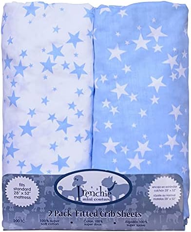 Frenchie Mini Couture Fitted Crib Sheets 100% Cotton, Fits Toddler Mattress, Blue Stars, 28 x 52in, 2-Pack