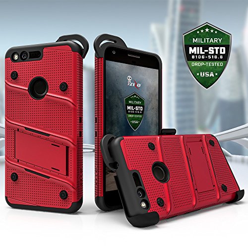 Zizo Bolt Series Google Pixel Xl W/ [Screen Protector] Kickstand [12 Ft. Military Grade Drop Tested] Holster Clip (Red/Black) #TOP1