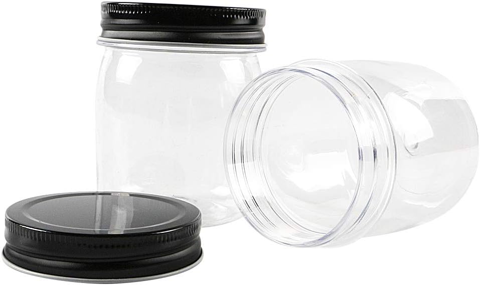 novelinks 8 Ounce Clear Plastic Jars with Black Lids - Refillable Round Clear Containers Clear Jars Storage Containers for Kitchen & Household Storage - BPA Free (16 Pack)