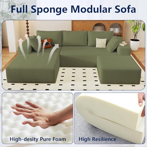 Image of 96 inch Modular Sectional Sofa with Ottoman, Modern Corduroy Cloud Couch with Deep Seat, Boneless Couch Upholstered 3-Seater U-Shaped Sofa for Living Room, No Assembly (Green, Left-Facing Chaise)