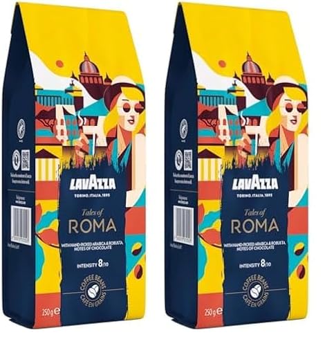 Lavazza, Tales of Roma, Kaffeebohnen, Ideal für Espresso-Kaffeemaschinen, mit Aroma Noten von Haselnuss & Dunkler Schokolade, Arabica und Robusta, Intensität 8/10, Mittel Röstgrad, 250 g