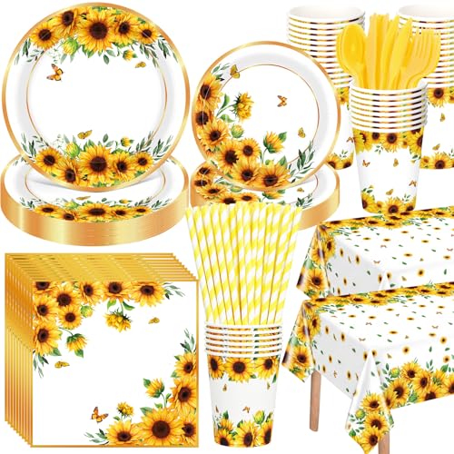 Potchen 452 Pcs Themes Party Supplies Decorations for 50 Guests Paper Plates Napkins Cups Tablecloth Cutlery Straws for Birthday Baby Shower Party Decorations(Yellow Sunflower)