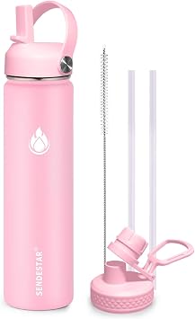 SENDESTAR Stainless Steel Wide Mouth Water Bottle 24oz Double Wall Vacuum Insulated Leak Proof Bottle with New Flex Straw Lid & Spout Lid