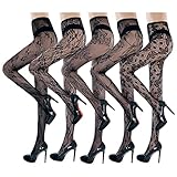 Vertvie Netzstrumpfhose Sexy Schwarz Netzstrümpfe Spitze 5 Stück High Waist Gemusterte Strumpfhosen Mesh Loch für Frauen(Blumen)