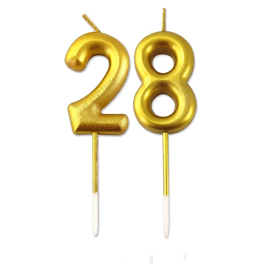 Image of AR Giftzadda 28 Number Cake Topper Golden Chrome Candle for 28th Birthday /Anniversary Party Celebrations (28 Number Gold Chrome Candle)