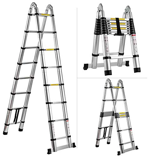 Hihone Telescoping Ladder 16.5feet, Quick Button Retraction Telescopic Extension Ladder Protective Design, 300LBS Capacity Anti-Slip Lightweight, Aluminum Collapsible Ladder with Spring Loaded Locking