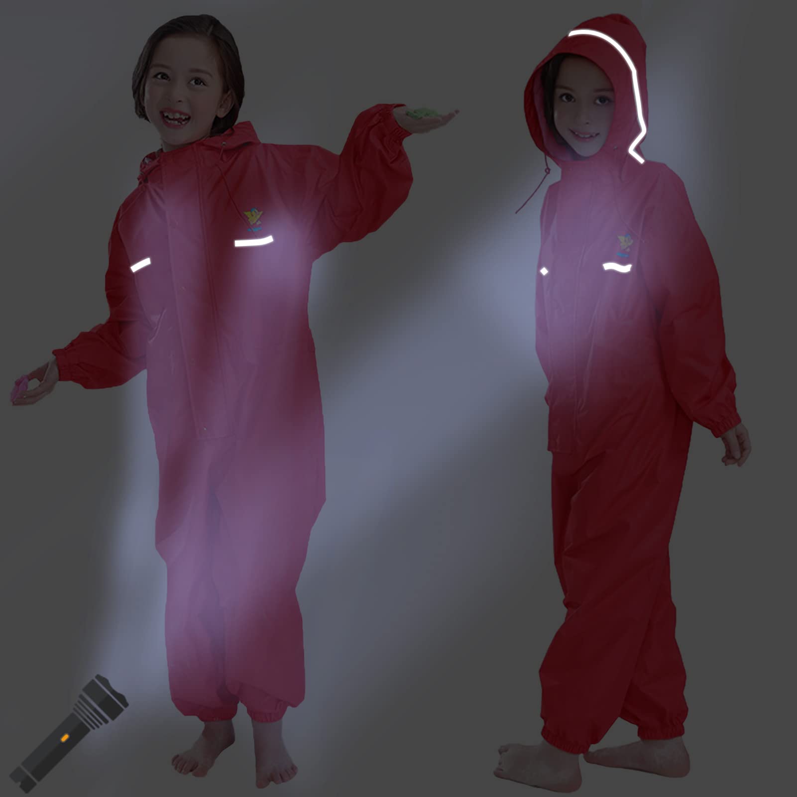 Chubasquero para Niños Mono Impermeable Traje de Lluvia Encapuchado Niñas Chaquetas de lluvia Poncho con Tira Reflectante, Rojo 2-3 Años