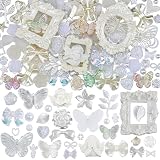 Kikonoke 350 Pieces 3D Resin Rose Flower Bows Butterfly Embellishments Angel Charms Picture Frame with Flatback Pearl Beads for Craft DIY Making Supplies (White)