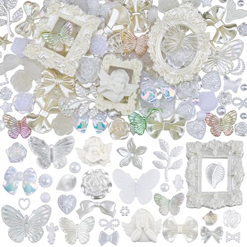 Kikonoke 350 Pieces 3D Resin Rose Flower Bows Butterfly Embellishments Angel Charms Picture Frame with Flatback Pearl Beads for Craft DIY Making Supplies (White)