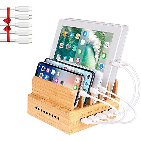 OthoKing Bamboo Charging Station, Wood Charging Station for Multiple Devices with 5 Ports USB Charger Docking Station for iPhone, iPad,Tablet, and Android Cell Phone Cover