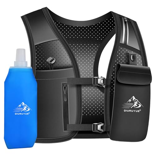 QIURUYUE Laufweste für Damen und Herren, Europäisches Originalpatent, Verstellbare Brustgurte, Trinkweste Laufen mit 500ml Wasserflasche, Reflektierender Trinkrucksack mit Handyhalterung