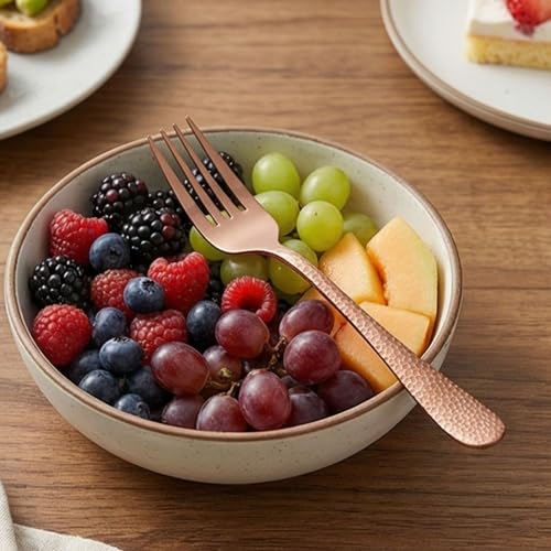 Image of 6.7 inch Rosegold Hammered Salad Forks | Set of 5 Durable Stainless Steel Fruit Forks | Mirror Polished Silverware for Home, Restaurants, and Gift Giving