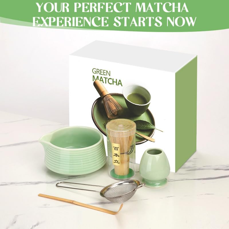 Matcha Whisk Set, Matcha Bowl with Spout, Matcha Whisk and Holder, Bamboo Scoop and Stainless Sifter - 5 Pcs Jade Green Matcha Kit for Matcha Lover - Image 7