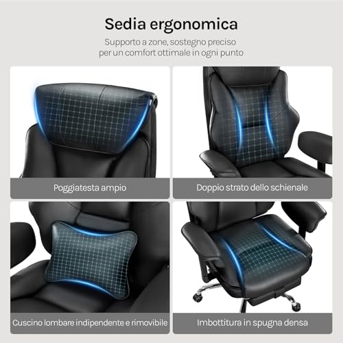 Sedia da Ufficio Regolabile in Altezza, con Poggiatesta, Cuscino Lombare, Poggiapiedi Retrattile, Braccioli Regolabili, Poltrona Ufficio con Funzione Dondolo, per Ufficio e Casa, in PU, Nero - Sedia gaming - Immagine 3