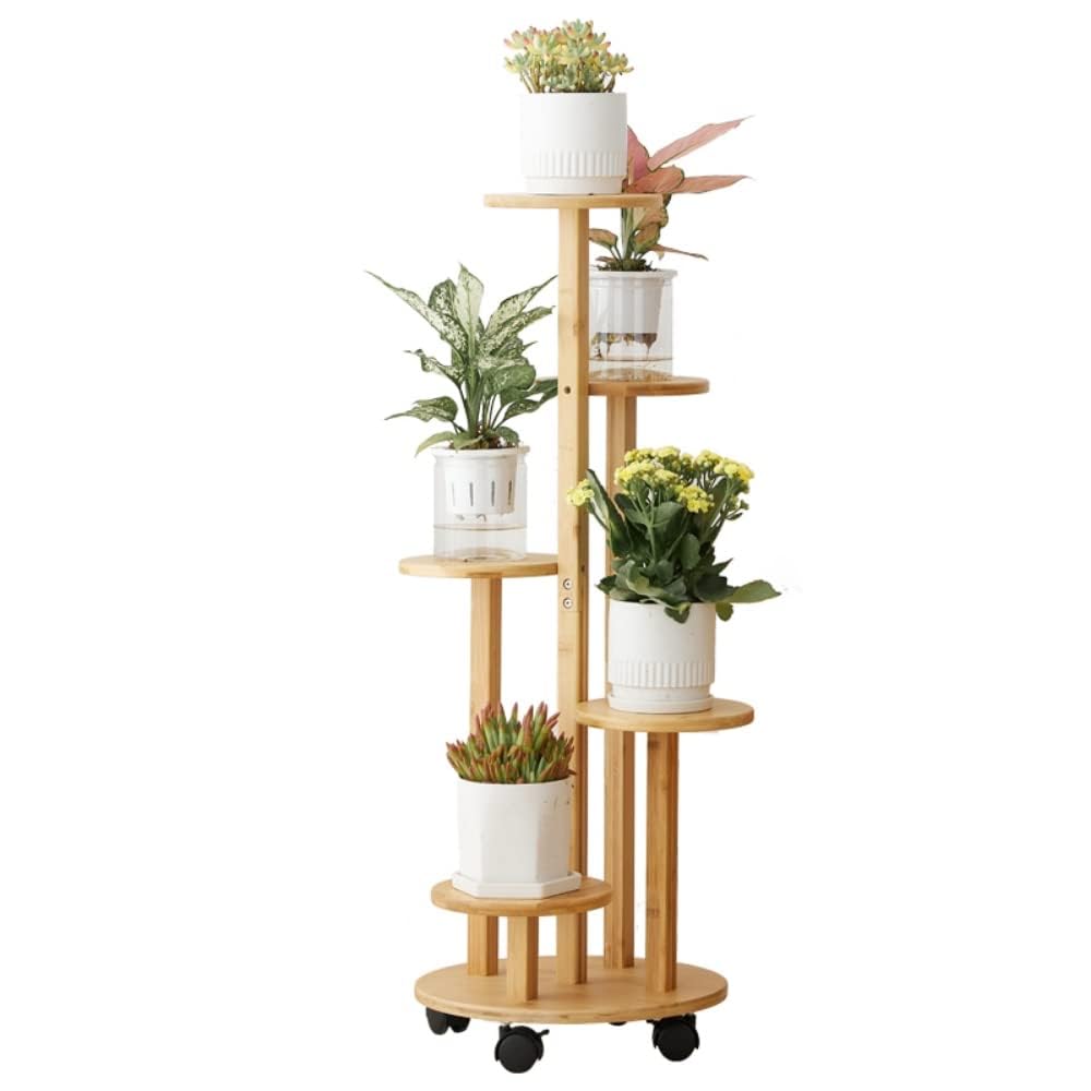 Étagère à fleurs en bambou avec roulettes | 5 niveaux de charge 20 kg | Matériau naturel imperméable | Montage facile pour salon, balcon, chambre à coucher (couleur bois)
