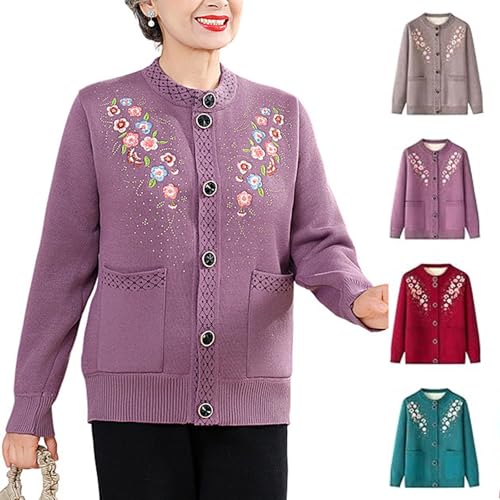 Middle-Aged Elderly Mothers Embroidered Knitted Sweater Fall Winter Senior Woman Fleece Sweatshirt Crewneck Jackets