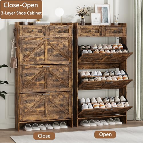 Image of Shoe Cabinet with 3 Flip Drawers & 2 Top Drawers, 57 inch Tall Freestanding Narrow Wooden Shoe Storage Organizer for Entryway, Hidden Slim Shoe Rack for Front Door Entrance, Hallway, Living Room, Brown