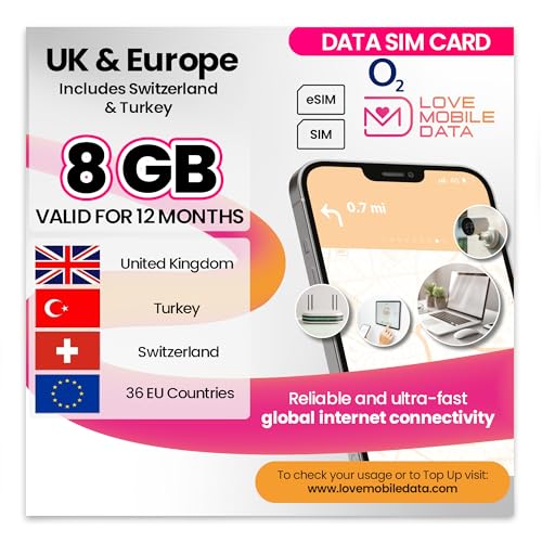 O2 Data SIM Card – Love Mobile Data International multi-network 4G/5G Prepaid Pay As You Go for Mobile Phones, WiFi Routers, & More - UK, Europe, Switzerland & Turkey Coverage, 8GB for 12 Months