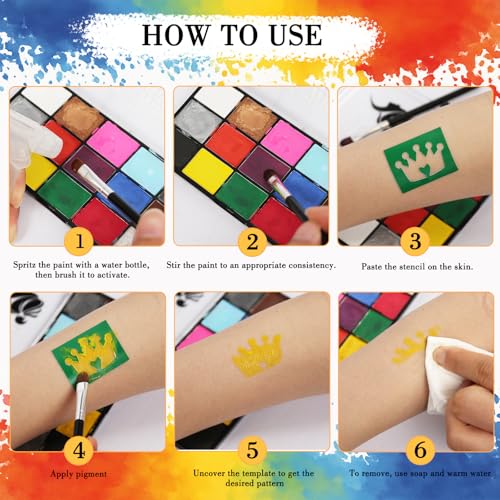 Newthinking Face Painting Kit for Children and Adults, 15 Colors Face Painting with Stencils and Brushes, Professional Non-Toxic UV Facepaint for Festivals, Parties, Halloween, Makeup, Cosplay - Image 4