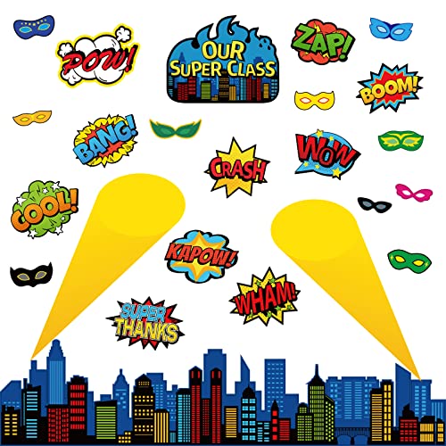 Image of Super Theme Hero Classroom Bulletin Board Decorations Super Theme Hero Cityscape Sayings School Boards Cutouts Heroes Cutouts Classroom Holiday Bulletin Board Decor
