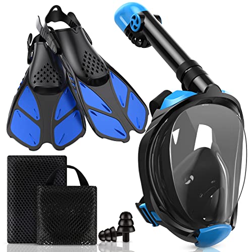 Viginsul Mask Fins Snorkeling Gear for Adults, Full Face Snorkel Mask & Adjustable Swim Fins Snorkel Set, Panoramic View Snorkel Mask Dry Top System Anti-Fog Anti-Leak