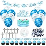 [Contenido del paquete] decoracion comunion azul (1 pieza de bandera + 12 piezas de globo + 10 piezas de tarjeta de pastel pequeña + 1 pieza de tarjeta de pastel grande + 20 piezas de toalla de papel) + pez de madera 60 piezas + cruz 10 piezas