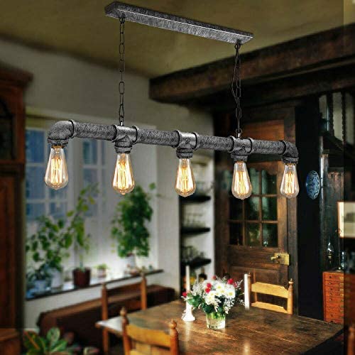 Lámpara de techo de metal estilo retro industrial de 5 vías, estilo steampunk, para colgar en el techo, para bares, cafeterías, clubes (plata cepillada con bombilla)