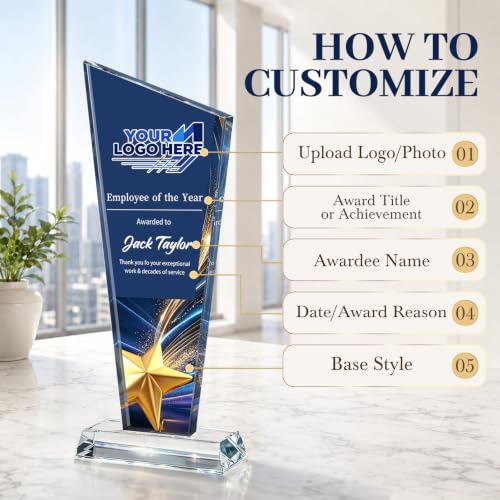 Image of Custom Crystal Trophy Award Personalized Plaque Award with Text Logo Photo Awards Trophies for Employee Recognition Team Graduation Personalized Office Gifts for Boss Coworker Teacher