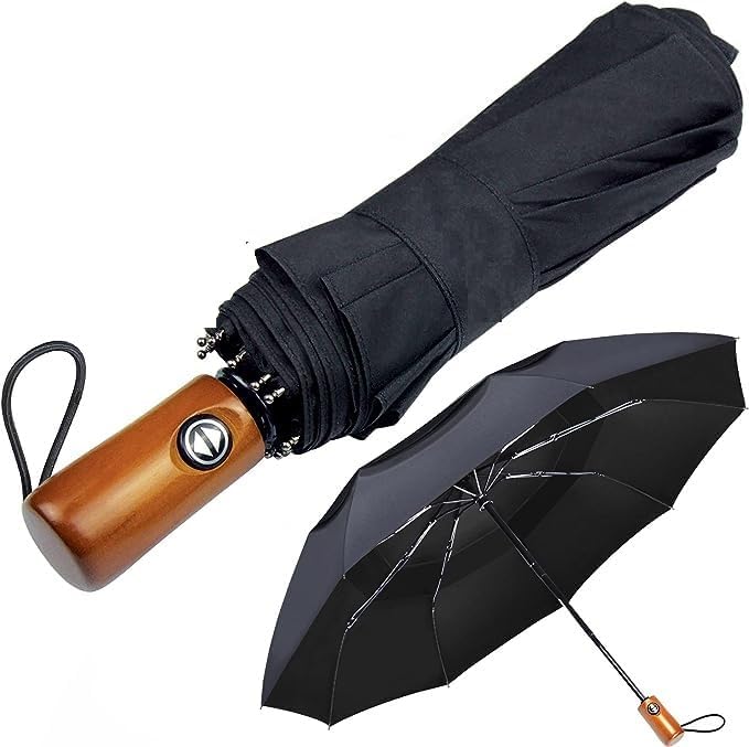 Travel Folding Portable Umbrella 46 Inch Windproof/Wind Resistant,Automatic Open Close,99 UV Protection UPF 50,Sun/Rain,Real Wood Handle || Pack of 1