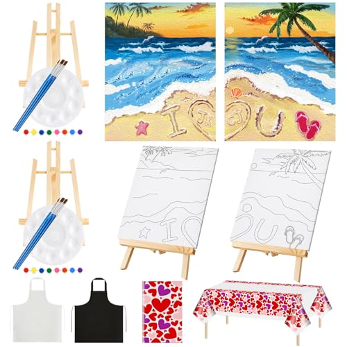 Yeaqee 13 Pcs Sip and Paint Kit for Adults Stretch Canvas Date Night Valentines Painting Kit Supplies Art Painting Set Outline Design Blank Stretch Canvas for Couple Party(Beach,10 x 8 Inch)