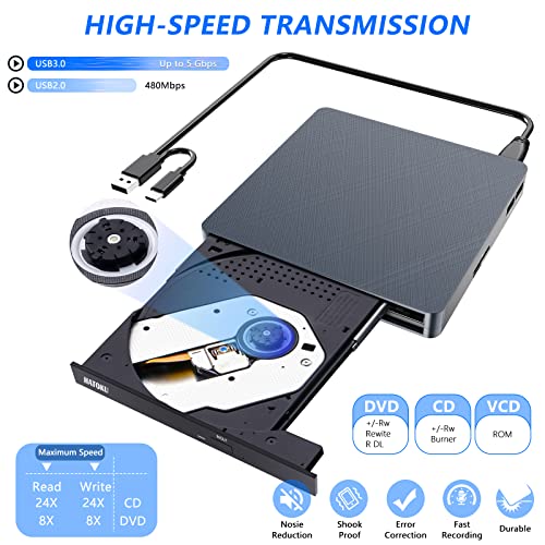 Image of HATOKU External CD /DVD Drive for Laptop (USB 3.0 & USB-C): 8X DVD /24X CD Burner - Portable DVD Player for Laptop - Plug & Play External CD Drive for PC Desktop Windows 11 10 8 7 MacOS Linux (Grey)