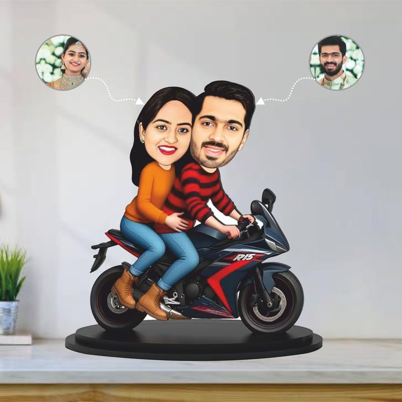 Image of THE GRANDEUR Acrylic Personalized Biker Couple Caricature Display, Custom Wooden Stand, Personalized Gifts for Men, Room Decor