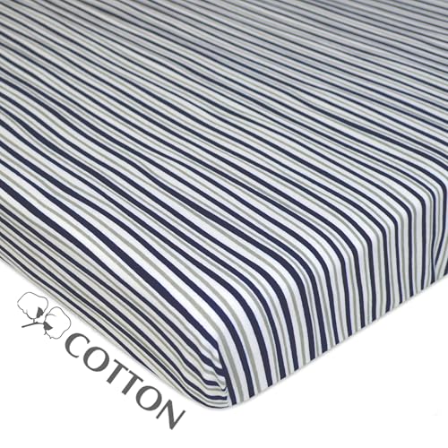 Image of American Baby Company 100% Natural Cotton Fitted Mini Crib Sheet 38 inch x 24 inch - Soft & Breathable Small Nesting Portable Crib Sheet, Fits Pack N Play Mattresses, Navy Fun Stripe, for Boys & Girls