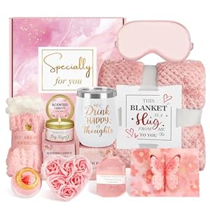 Birthday Gifts for Women Christmas Gifts for Her, Unique Self Care Package Get Well Soon Basket Rose Relaxing Spa Kit with Flannel Blanket Tumbler, Happy Birthday Box for Friend Mom Sister Wife