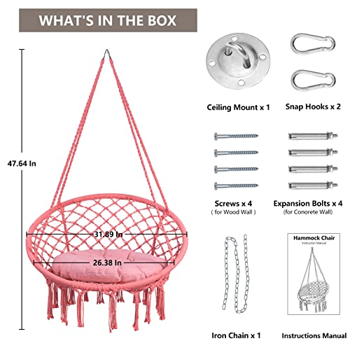 Hblife Hammock Chair, Hanging Swing With Macrame And Cushion, Max 335 Lbs, Pink Hanging Cotton Rope Chair For Indoor, Outdoor, Bedroom, Patio, Yard, Deck, Garden, Porch #TOP1