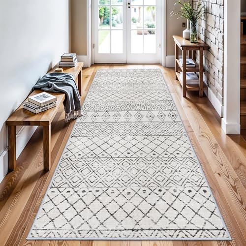 Moroccan 3x8 Runner Rug Hallway: Washable Farmhouse Non Slip Runners Grey