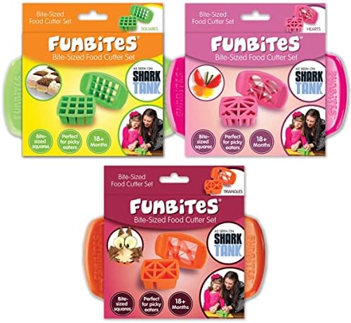 FunBites Set of 3 Food Cutters, Sandwich Cutters for Kids, Cuts Food into Bite-Size Shapes, Green Squares, Pink Hearts, Orange Triangles