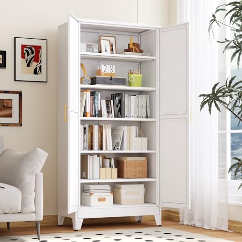 PAOFIN Kitchen Pantry Storage Cabinet with Doors and Adjustable Shelves, Metal ClosetMaid Food Pantry Cabinets, 75\" Tall Freestanding Cupboard for Kitchen, Laundry or Utility Room, White