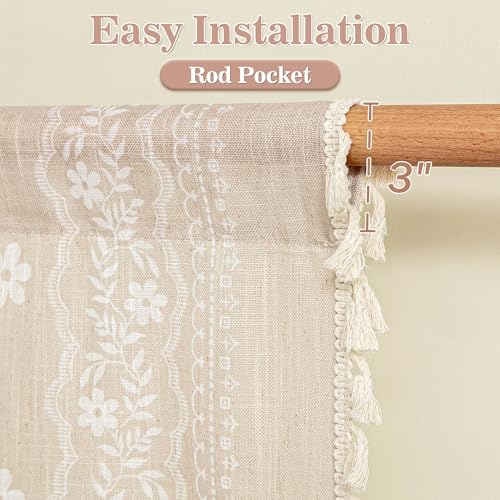 Image of MYSKY HOME Short Tiers Curtains 24 Inch Length Boho Floral Linen Blend | Small Cafe Window Tier Curtains for Farmhouse Vintage Drapes with Tassel Rod Pocket, Fog Taupe, 26 inch Wide, 2 Panels