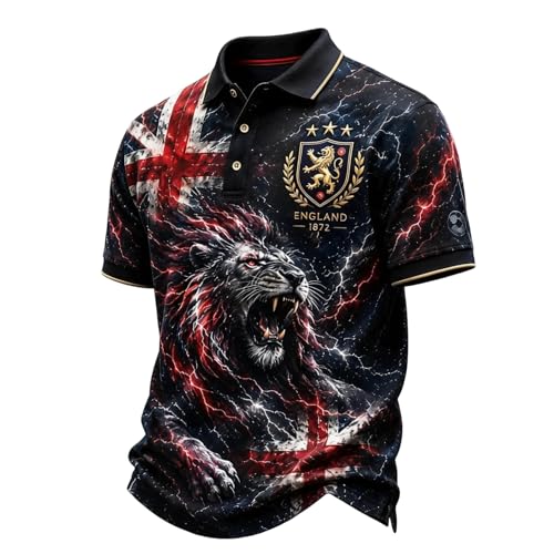 Image of England Football Shirt 2026 World Cup Lion Print Short Sleeve Polo Shirt for Supporters of Football Casual National Flag Print Button Down Collar Top Outdoor Sports Shirts for Men Red XL