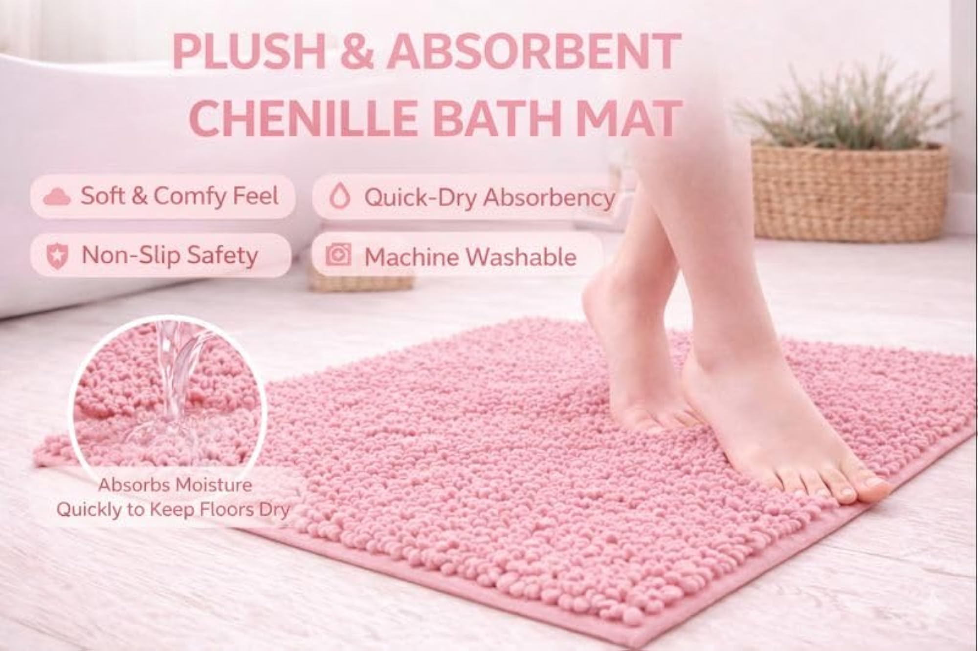 Pink Microfiber Bath Mat, 80x50 cm