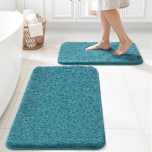 MIULEE Teal Bathroom Rugs Set 2 Piece Soft Absorbent Microfiber Bath Mat Set Non Slip Quick Dry Machine Washable Plush Shaggy Bath Rugs for Bathroom Floor Tub and Shower 16x24 inches